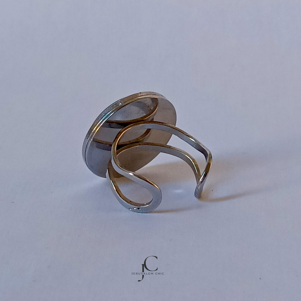 Bague Judaïca Haï – Cabochon Bleu 20 mm – Acier Inoxydable Réglable - Bague Statement