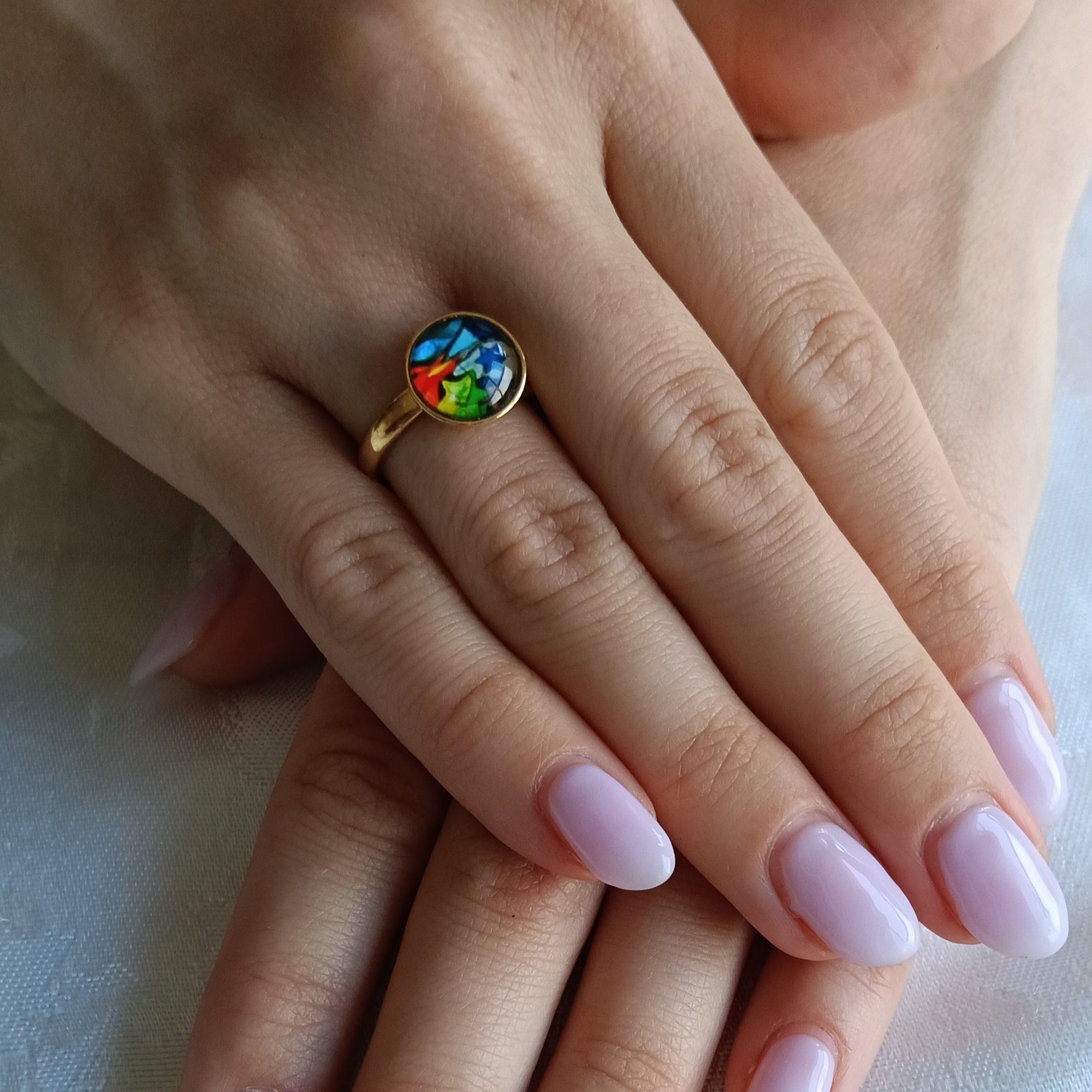 Bague Judaïca Hai fleuris plaqué or – Cabochon artisanal 10 mm (Copie)